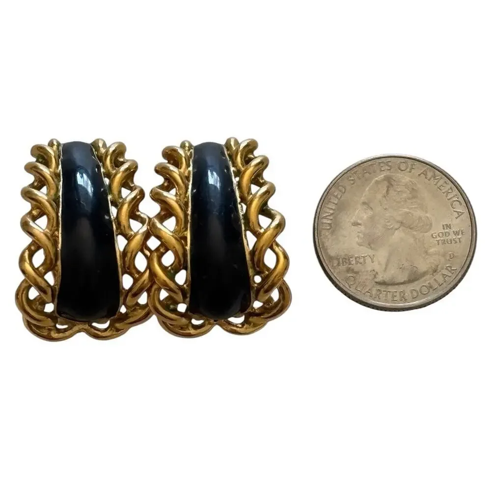 St. John Designer Gold Plate Twist Black Enamel Half Hoop Clip Earrings Vintage